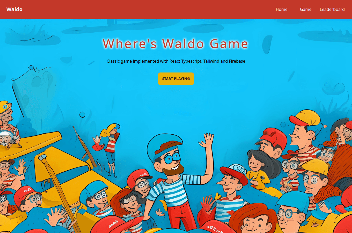 The photo-tagging game’s home screen with illustrated characters and a start button.
